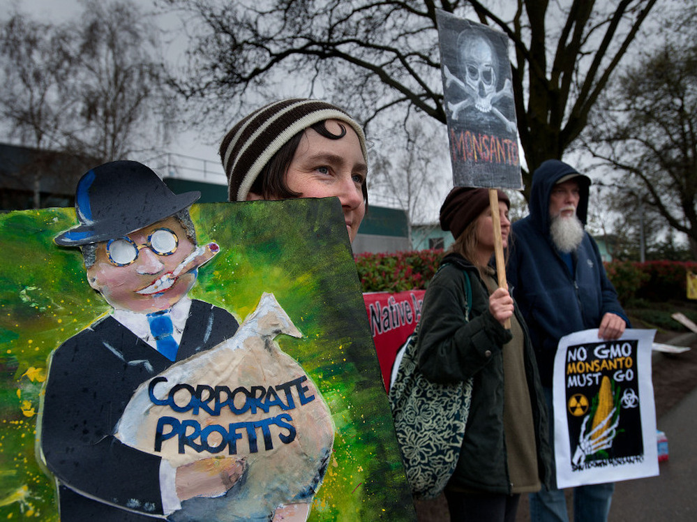 Protesters demonstrate against the production of genetically modified food in front of a Monsanto facility in Davis, Calif., in March. The local protest was not specifically about labeling.