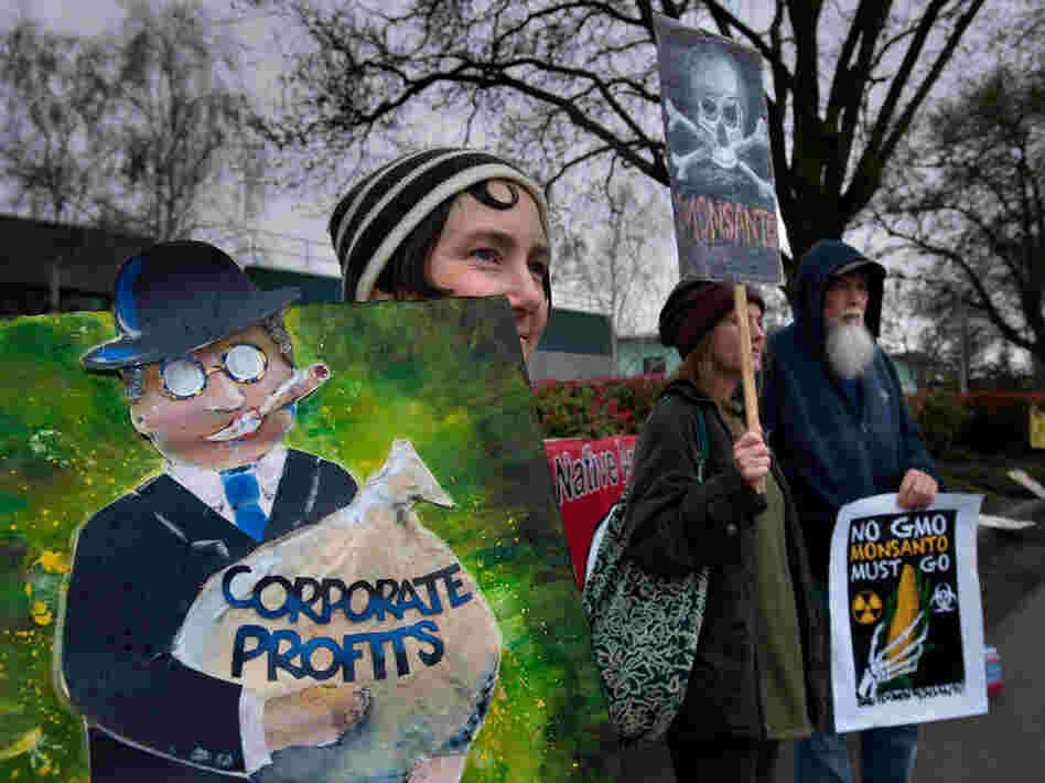Protesters demonstrate against the production of genetically modified food in front of a Monsanto facility in Davis, Calif., in March. The local protest was not specifically about labeling.