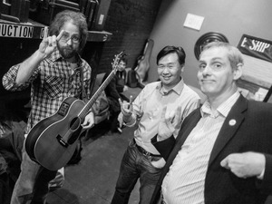 Jonathan Coulton, left, Art Chung and John Chaneski like to start each show by throwing up some horns backstage at The Bell House in Brooklyn, NY. Jonathan Coulton, left, Art Chung and John Chaneski like to start each show by throwing up some horns backstage at The Bell House in Brooklyn, NY.