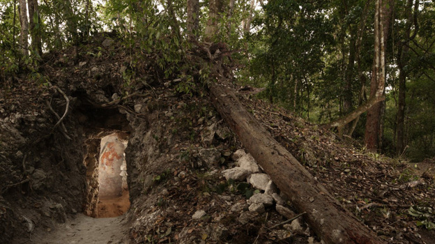 The painted figure of a man - possibly a scribe who once lived in the house built by the ancient Maya - is illuminated through a doorway to the dwelling, in northeastern Guatemala. The structure represents the first Mayan house found to contain artwork on its walls. The painted figure of a man - possibly a scribe who once lived in the house built by the ancient Maya - is illuminated through a doorway to the dwelling, in northeastern Guatemala. The structure represents the first Mayan house found to contain artwork on its walls.