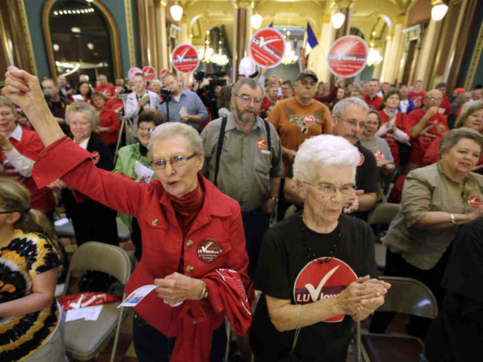 Iowans attend a marriage rally sponsored by The Family Leader on Tuesday at the Statehouse in Des Moines. The head of the organization says President Obama's endorsement of gay marriage could cost him the election.
