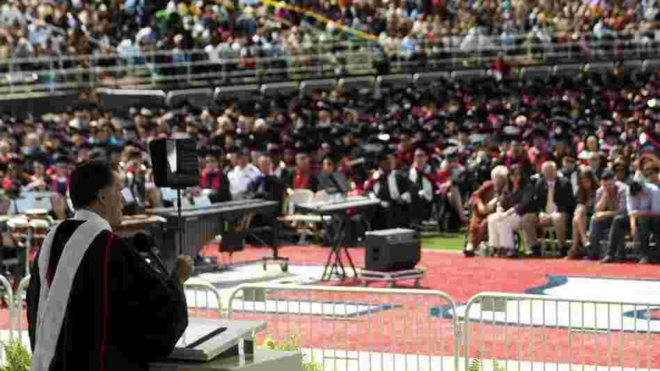 Mitt Romney delivers the keynote address at Liberty University's commencement ceremony in Lynchburg, Va., on Saturday. In his speech, Romney told students that "marriage is a relationship between one man and one woman." Mitt Romney delivers the keynote address at Liberty University's commencement ceremony in Lynchburg, Va., on Saturday. In his speech, Romney told students that "marriage is a relationship between one man and one woman."