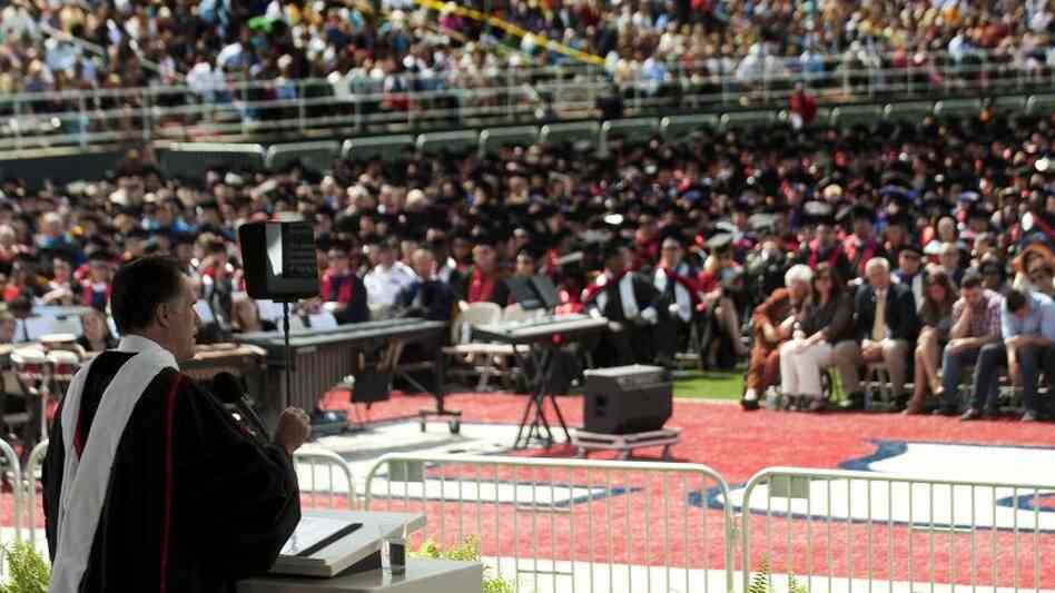 Mitt Romney delivers the keynote address at Liberty University's commencement ceremony in Lynchburg, Va., on Saturday. In his speech, Romney told students that "marriage is a relationship between one man and one woman." Mitt Romney delivers the keynote address at Liberty University's commencement ceremony in Lynchburg, Va., on Saturday. In his speech, Romney told students that "marriage is a relationship between one man and one woman."