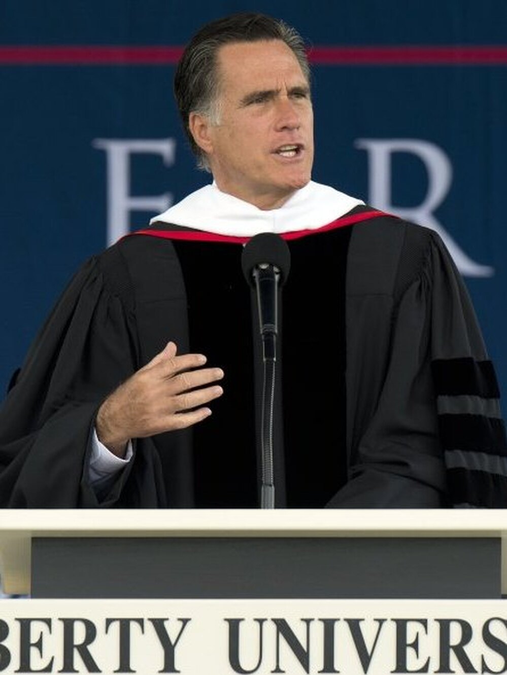 Republican presidential hopeful Mitt Romney speaks to graduates Saturday at Liberty University in Lynchburg, Va.
