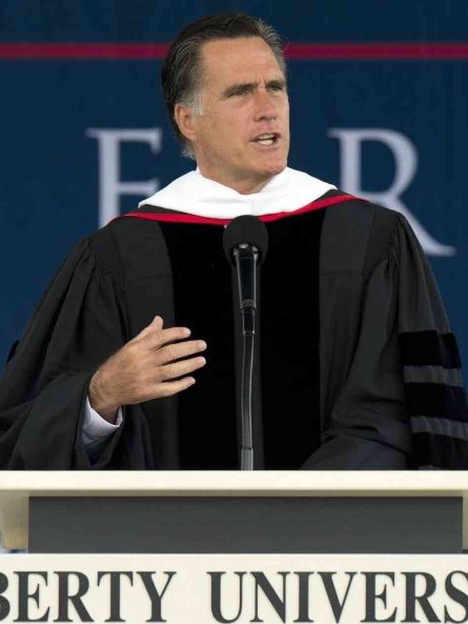 Republican presidential hopeful Mitt Romney speaks to graduates Saturday at Liberty University in Lynchburg, Va.