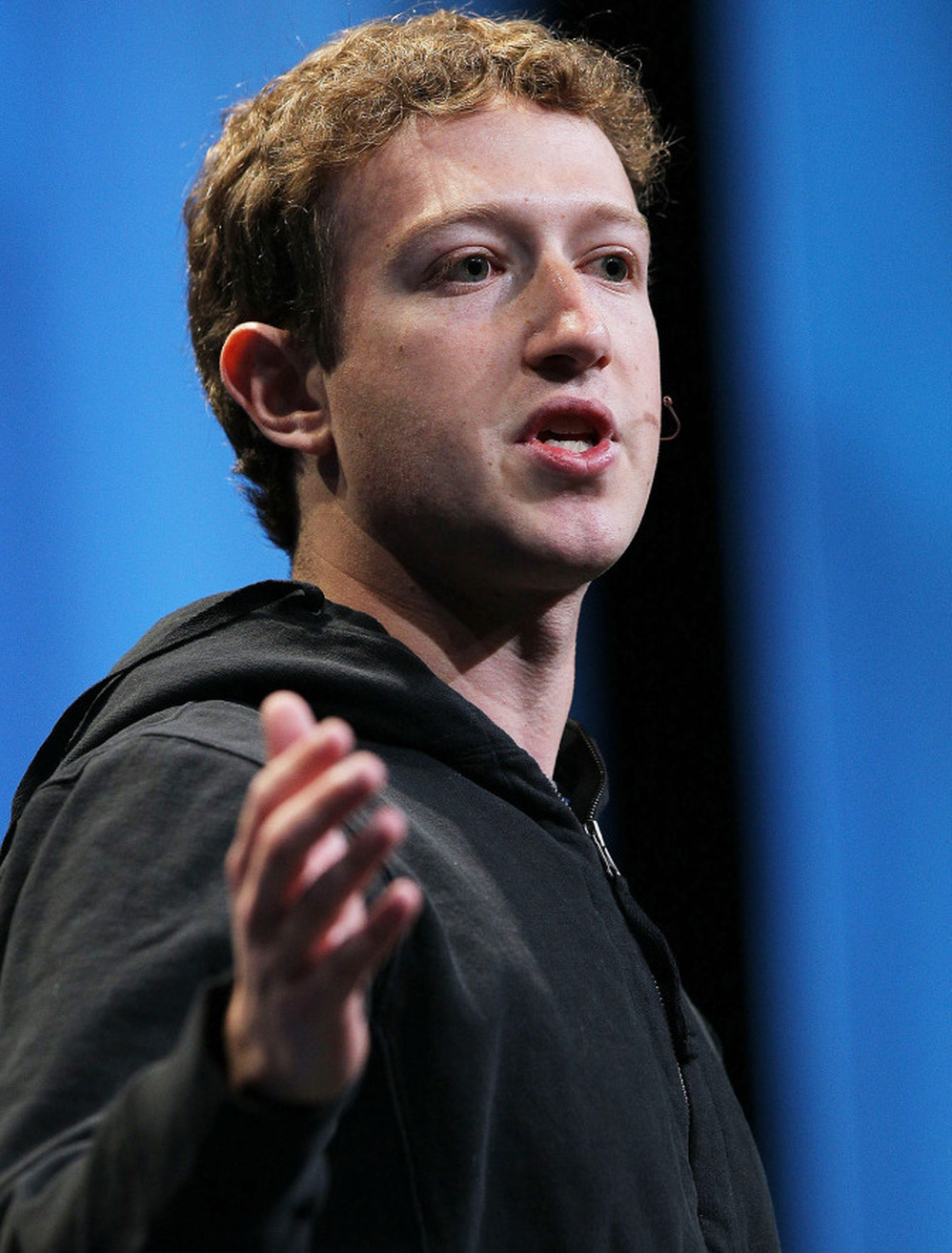 Facebook founder and CEO Mark Zuckerberg, in black hoodie.