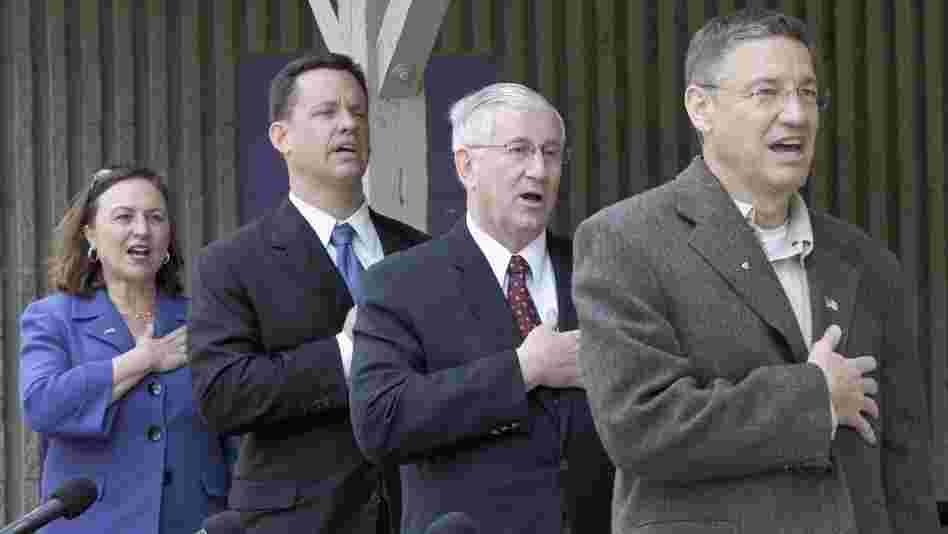The four top Republicans seeking the GOP nomination for the U.S. Senate in Nebraska â state Sen. Deb Fischer (from left), state Attorney General Jon Bruning, state Treasurer Don Stenberg and investment adviser Pat Flynn â recite the Pledge of Allegiance before a debate in Omaha last month. The four top Republicans seeking the GOP nomination for the U.S. Senate in Nebraska â state Sen. Deb Fischer (from left), state Attorney General Jon Bruning, state Treasurer Don Stenberg and investment adviser Pat Flynn â recite the Pledge of Allegiance before a debate in Omaha last month.