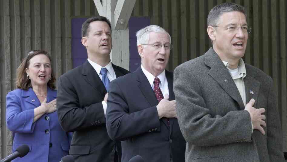 The four top Republicans seeking the GOP nomination for the U.S. Senate in Nebraska â state Sen. Deb Fischer (from left), state Attorney General Jon Bruning, state Treasurer Don Stenberg and investment adviser Pat Flynn â recite the Pledge of Allegiance before a debate in Omaha last month. The four top Republicans seeking the GOP nomination for the U.S. Senate in Nebraska â state Sen. Deb Fischer (from left), state Attorney General Jon Bruning, state Treasurer Don Stenberg and investment adviser Pat Flynn â recite the Pledge of Allegiance before a debate in Omaha last month.
