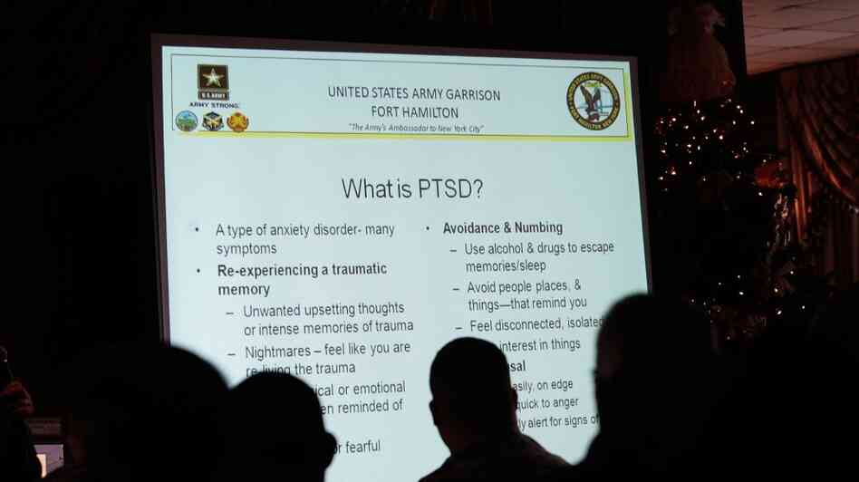 The U.S. military is trying to encourage service members and veterans to seek treatment for post-traumatic stress disorder. The military is also seeking to remove any sense of stigma for receiving treatment. Here, military personnel attend a presentation on PTSD at Fort Hamilton Army Garrison in Brooklyn, N.Y., in 2009. The U.S. military is trying to encourage service members and veterans to seek treatment for post-traumatic stress disorder. The military is also seeking to remove any sense of stigma for receiving treatment. Here, military personnel attend a presentation on PTSD at Fort Hamilton Army Garrison in Brooklyn, N.Y., in 2009.