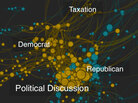Quid's algorithm mapping software shows where discussion of higher taxes is taking place. Yellow dots represent articles that focus on taxation, while the teal dots show articles that don't. Quid's algorithm mapping software shows where discussion of higher taxes is taking place. Yellow dots represent articles that focus on taxation, while the teal dots show articles that don't.