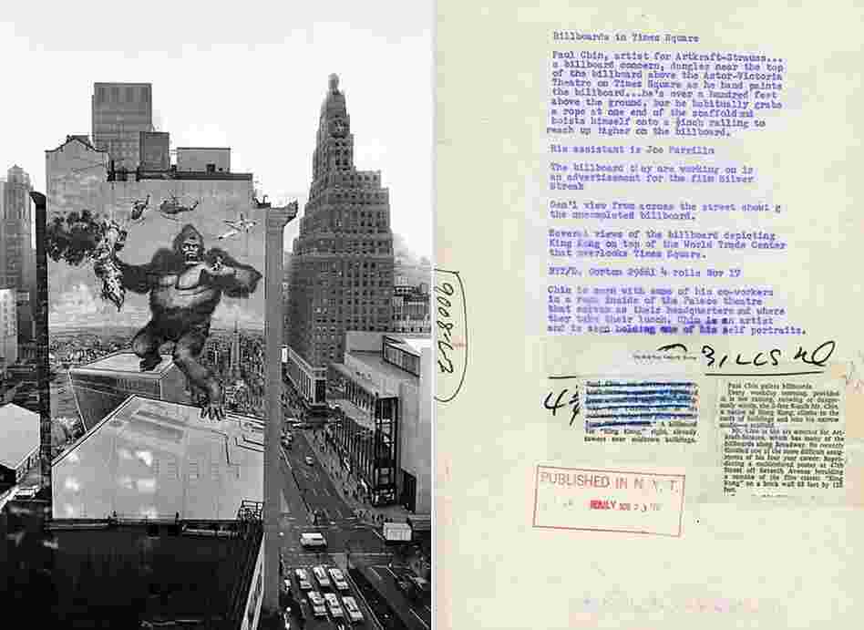 Nov. 17, 1976: "Paul Chin paints billboards," reads the article accompanying this photograph. "Every weekday morning, provided it is not raining, snowing or dangerously windy, the 5-feet 6-inch Mr. Chin, a native of Hong Kong, climbs to the roofs of buildings and into his narrow studio — a scaffold." Chin, art director for Artkraft Strauss, created this King Kong billboard towering over Midtown.