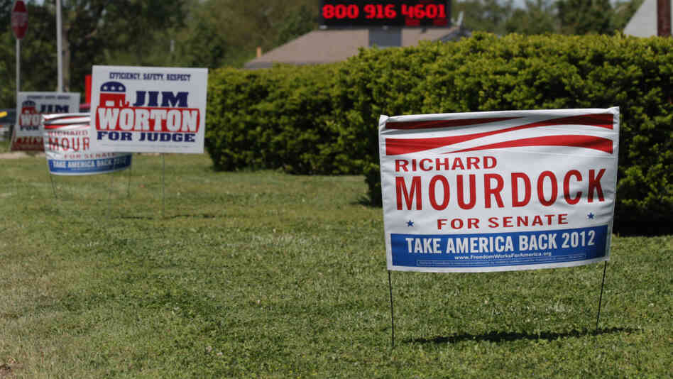 Yard signs supporting U.S. Senate candidate Richard Mourdock in Columbus, Ind., on April 23. Mourdock went on to beat incumbent Sen. Dick Lugar in a primary race that received national attention, and a flood of money from outside Indiana. Yard signs supporting U.S. Senate candidate Richard Mourdock in Columbus, Ind., on April 23. Mourdock went on to beat incumbent Sen. Dick Lugar in a primary race that received national attention, and a flood of money from outside Indiana.