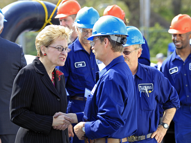 Rep. Marcy Kaptur, D-Ohio, meets shipyard workers in Cleveland before a christening ceremony on May 2.