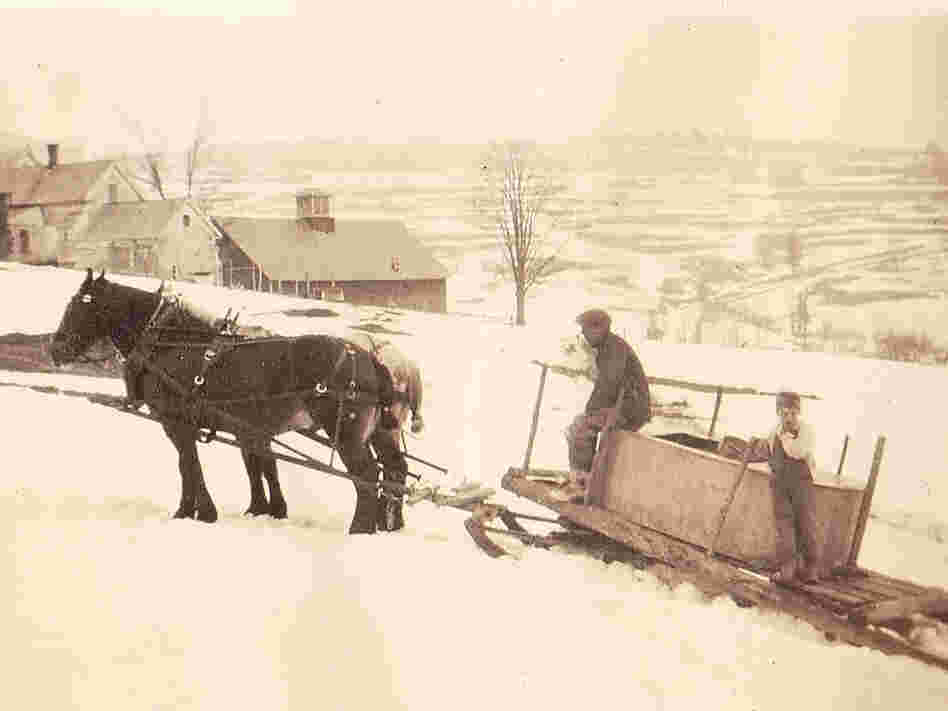 Perkins Flint and son Gardner collect sap, Braintree Hill, Vt., circa 1938