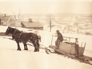 Perkins Flint and son Gardner collect sap, Braintree Hill, Vt., circa 1938