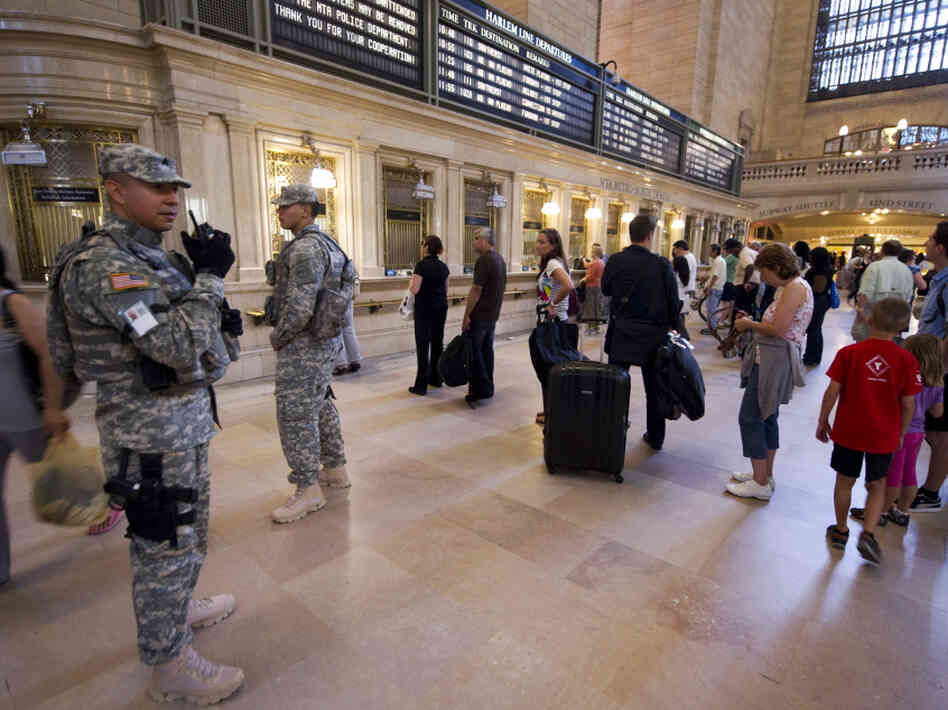 Army National Guard officers patrol Grand Central Station in New York on Sept. 10, 2011, the day before the 10th anniversary of the Sept. 11 attacks.