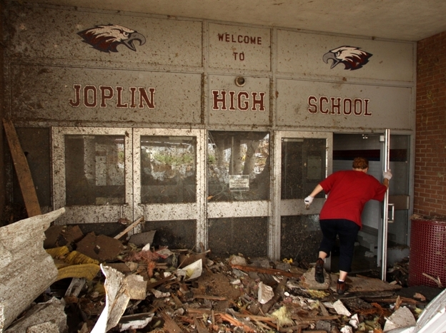 The main entrance of Joplin High School was severely damaged in a May 2011 tornado.