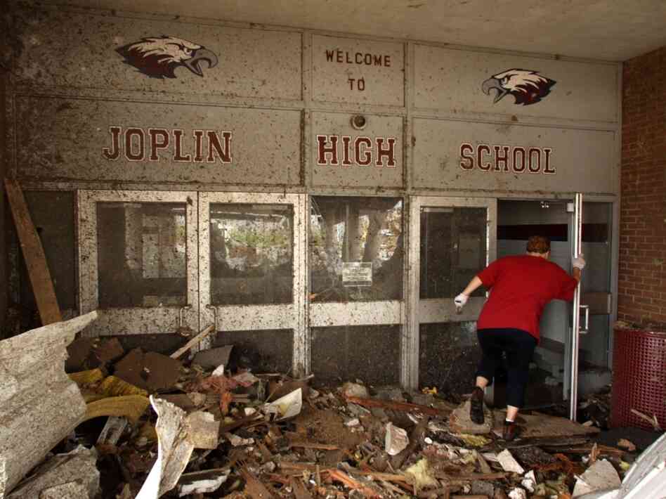 The main entrance of Joplin High School was severely damaged in a May 2011 tornado.
