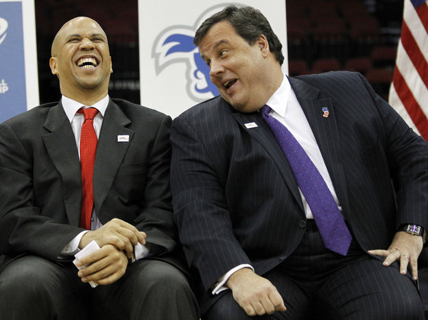 The new political comedy team of Newark Mayor Cory Booker and New Jersey Gov. Chris Christie yuck it up in January 2011.