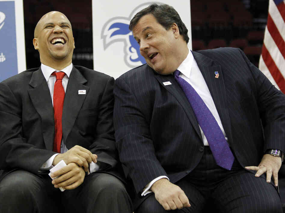 The new political comedy team of Newark Mayor Cory Booker and New Jersey Gov. Chris Christie yuck it up in January 2011.