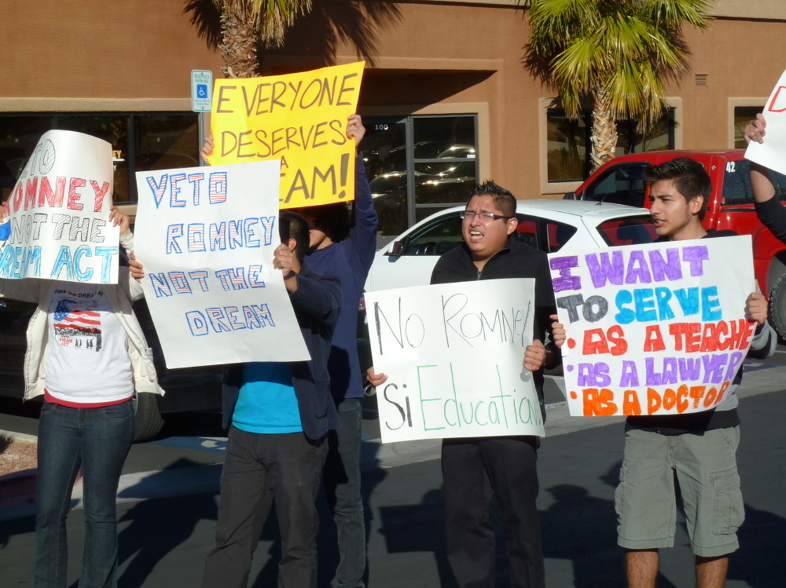 Latinos protest Mitt Romney's opposition to the Dream Act, outside his campaign headquarters in Las Vegas on Feb 2.