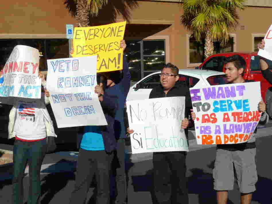 Latinos protest Mitt Romney's opposition to the Dream Act, outside his campaign headquarters in Las Vegas on Feb 2.