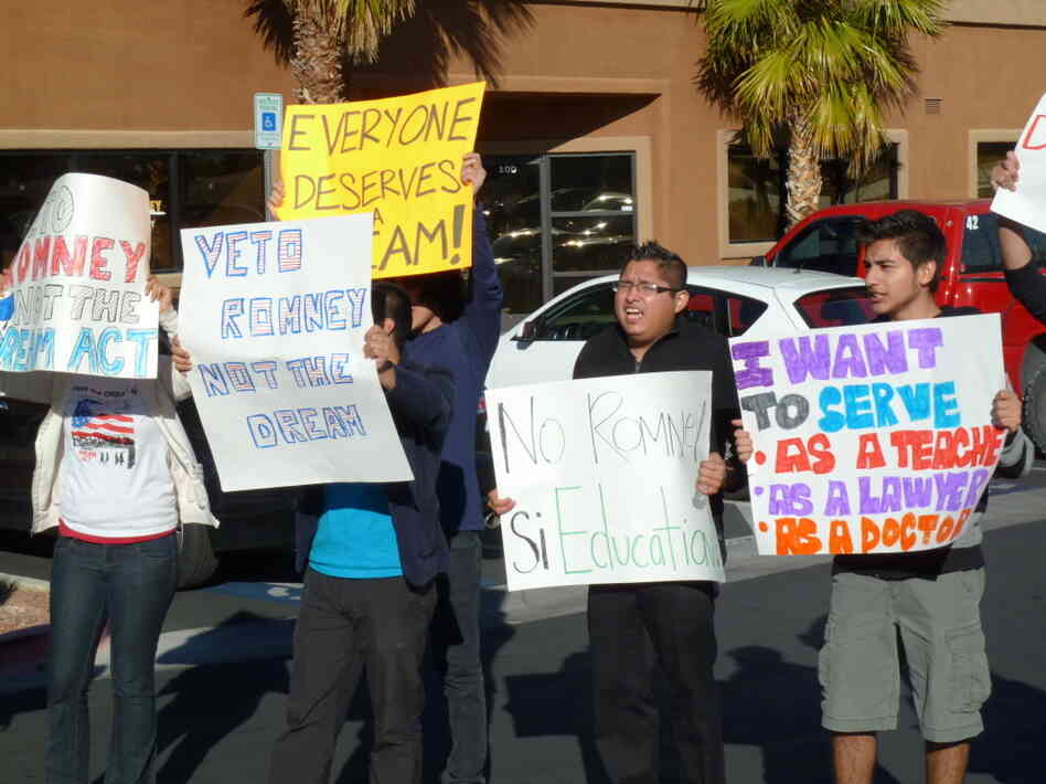 Latinos protest Mitt Romney's opposition to the Dream Act, outside his campaign headquarters in Las Vegas on Feb 2.