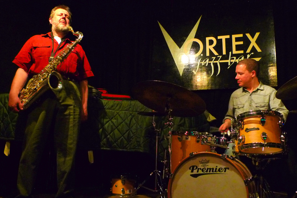 Saxophonist Paul Dunmall and drummer Mark Sanders perform (with guitarist Hasse Poulsen, off camera) at The Vortex in London.
