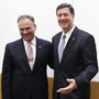 Former Virginia Govs. Tim Kaine (left) and George Allen after a Senate debate in Richmond, Va., on Dec.. 7, 2011.