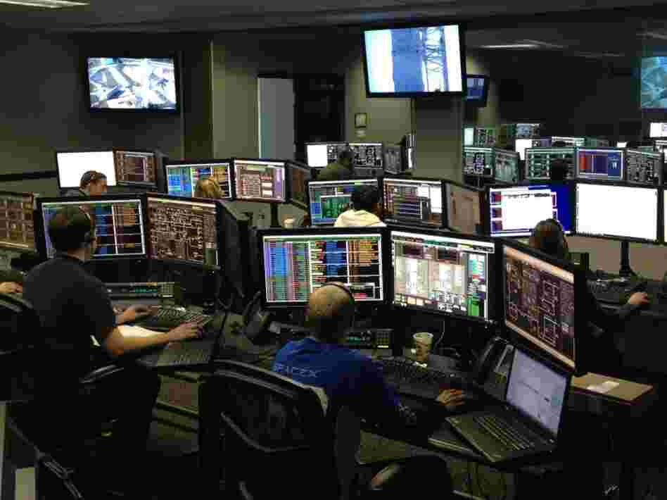 NASA and SpaceX partnered closely to make the mission to the International Space Station possible. Above, the SpaceX control room.