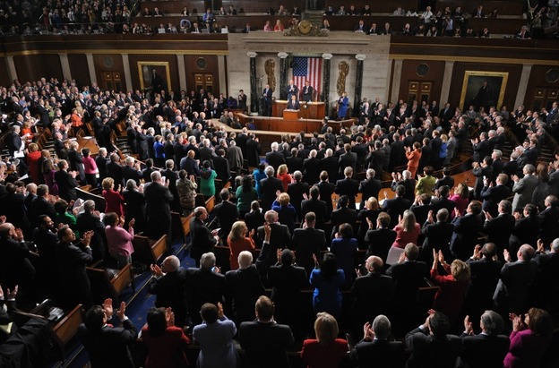 Congress, shown gathered for President Obama's State of the Union in January, is speaking at about a grade level lower now than in 2005, according to the Sunlight Foundation.