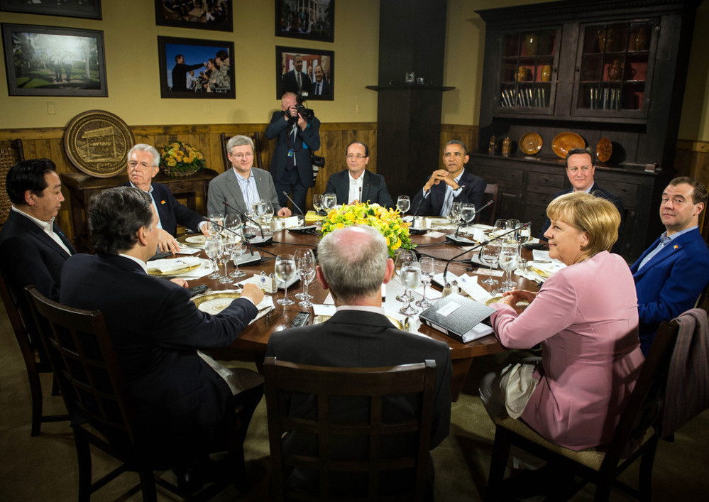 President Obama speaks with other G-8 leaders at Camp David in Maryland during the summit on Friday.