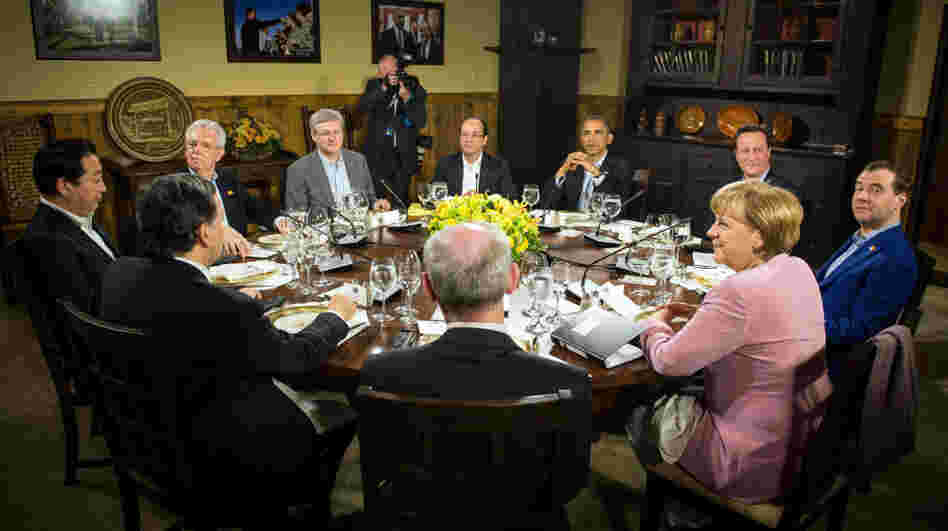 President Obama speaks with other G-8 leaders at Camp David in Maryland during the summit on Friday.
