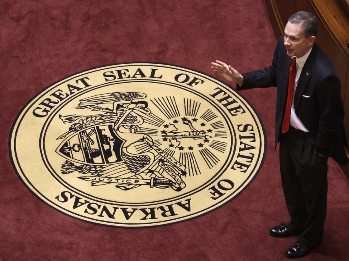 Arkansas Senate President Paul Bookout, a Democrat, speaks in the Senate chamber at the Capitol in Little Rock on April 5. In November, Arkansans will vote for every seat in the state Legislature.