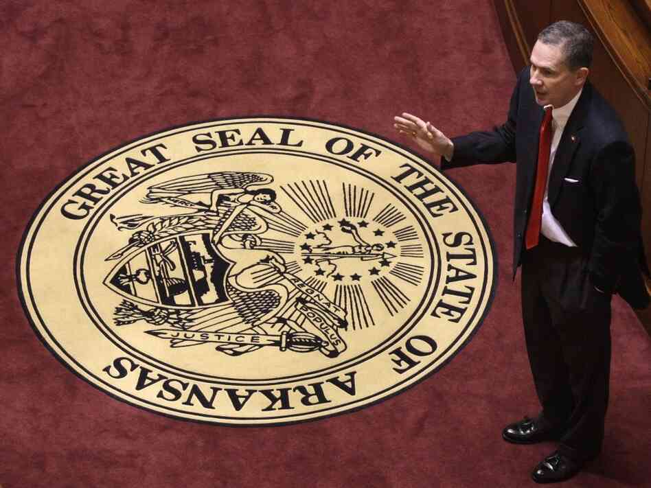 Arkansas Senate President Paul Bookout, a Democrat, speaks in the Senate chamber at the Capitol in Little Rock on April 5. In November, Arkansans will vote for every seat in the state Legislature.