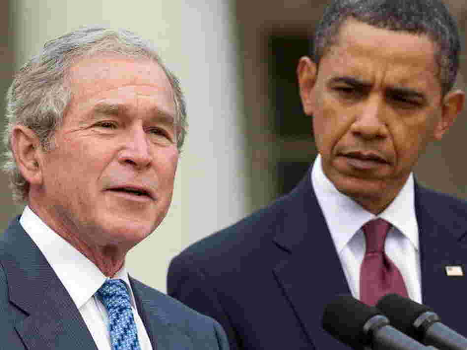 Former President George W. Bush, standing with President Obama, speaks about relief efforts in Haiti in January 2010.
