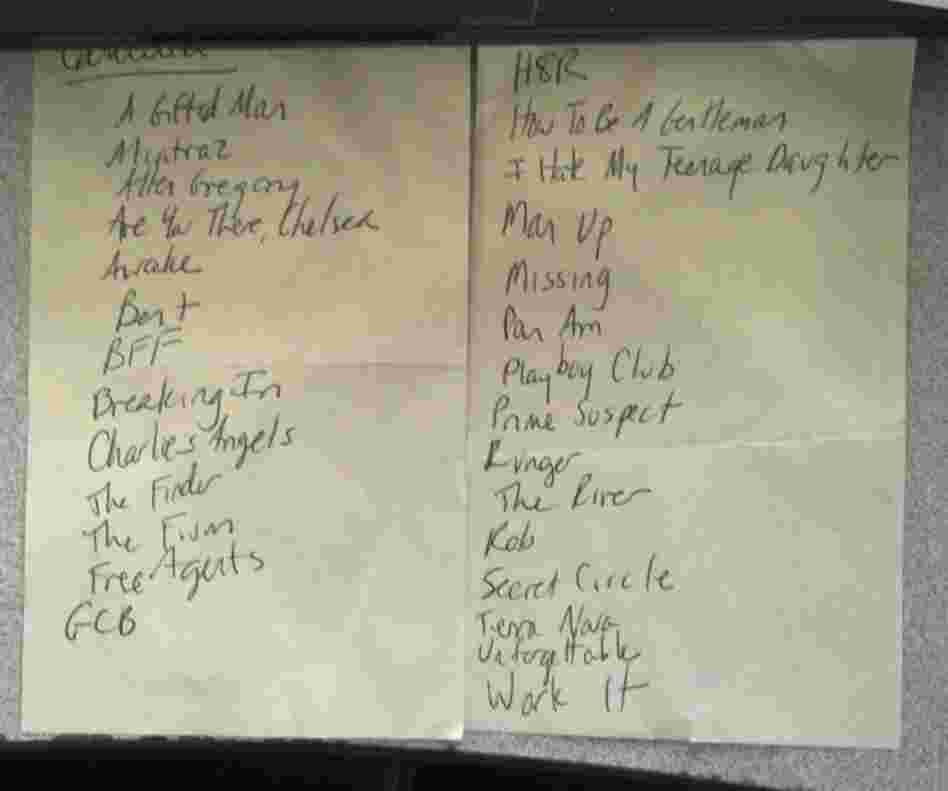 A Post-It Note listing all the canceled shows. A/K/A "TV Graveyard." A Post-It Note listing all the canceled shows. A/K/A "TV Graveyard."