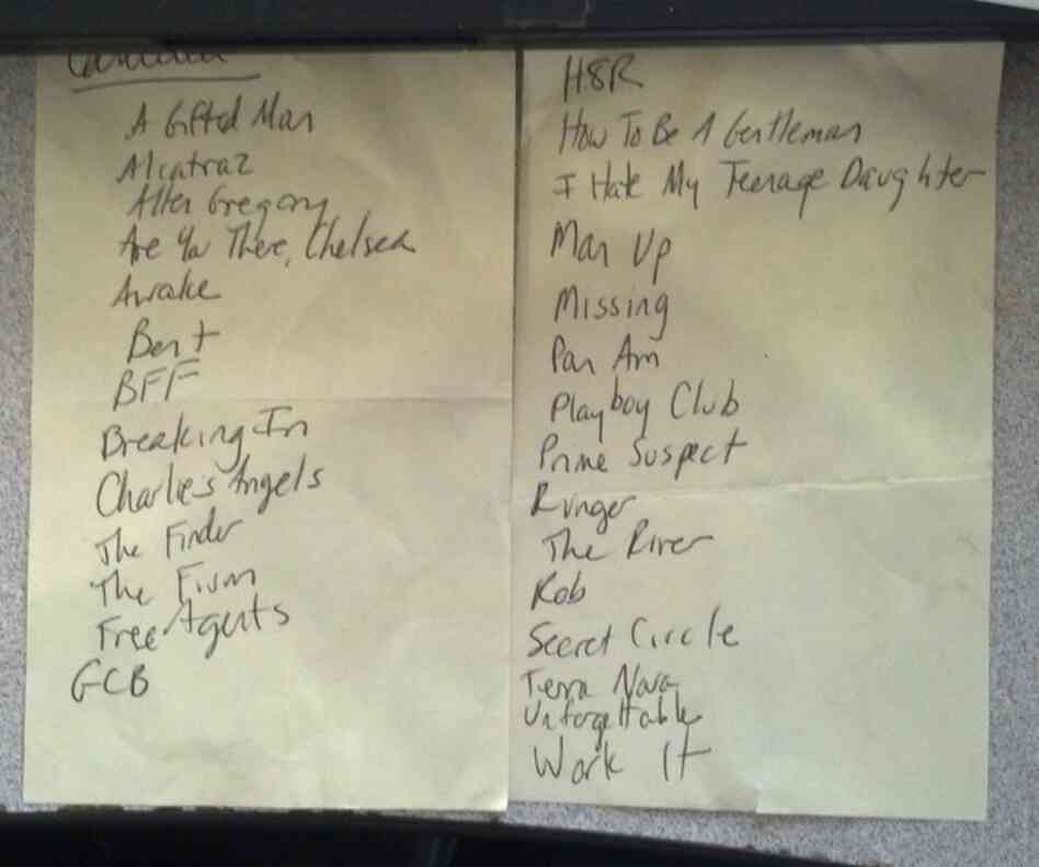 A Post-It Note listing all the canceled shows. A/K/A "TV Graveyard." A Post-It Note listing all the canceled shows. A/K/A "TV Graveyard."