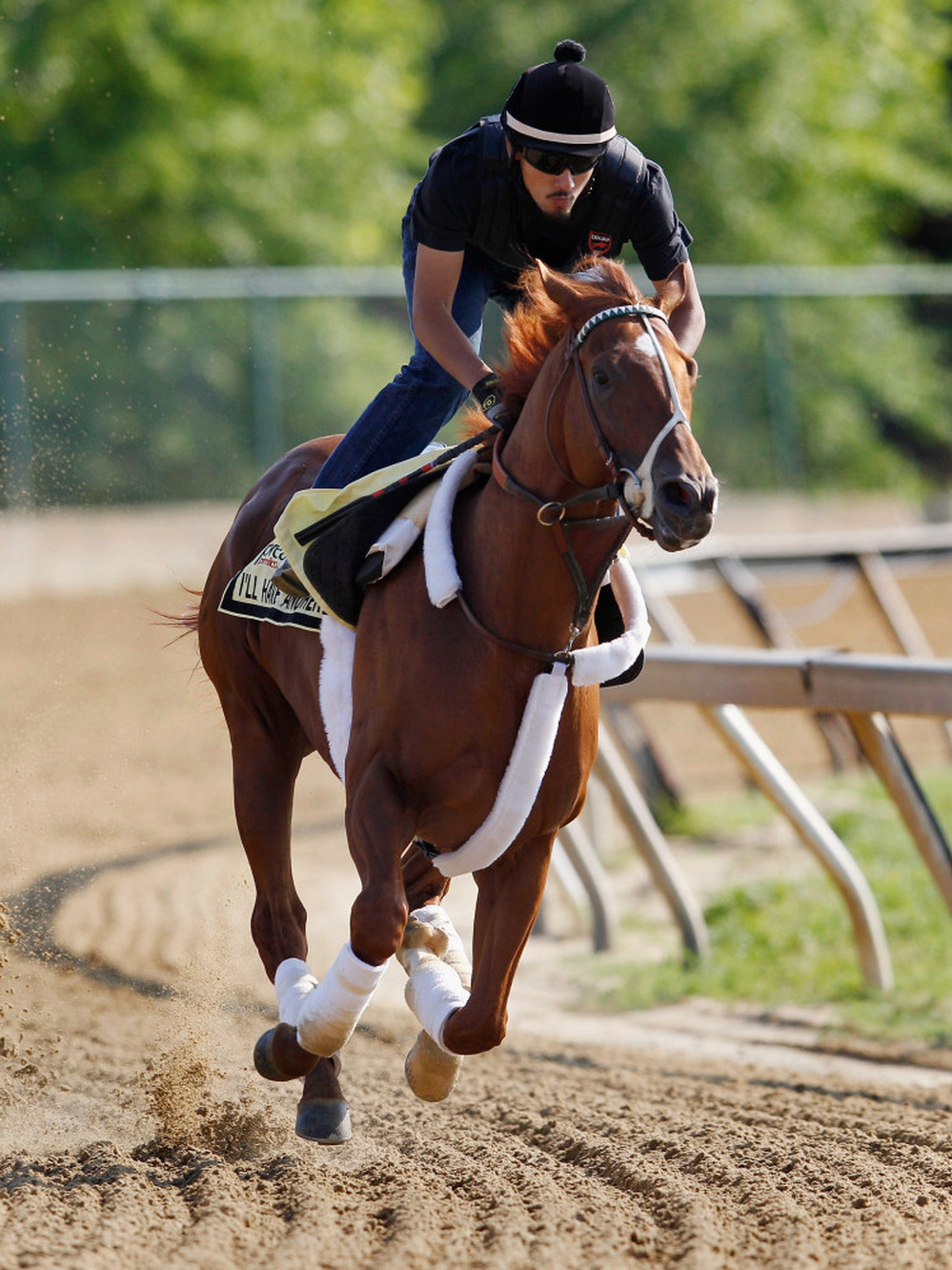 Exercise rider Jonny Garcia takes I'll Have Another over the track at Pimlico Race Course in Baltimore, Md., Thursday. The colt has a chance to win the second leg of the Triple Crown in the 137th Preakness Stakes Saturday.