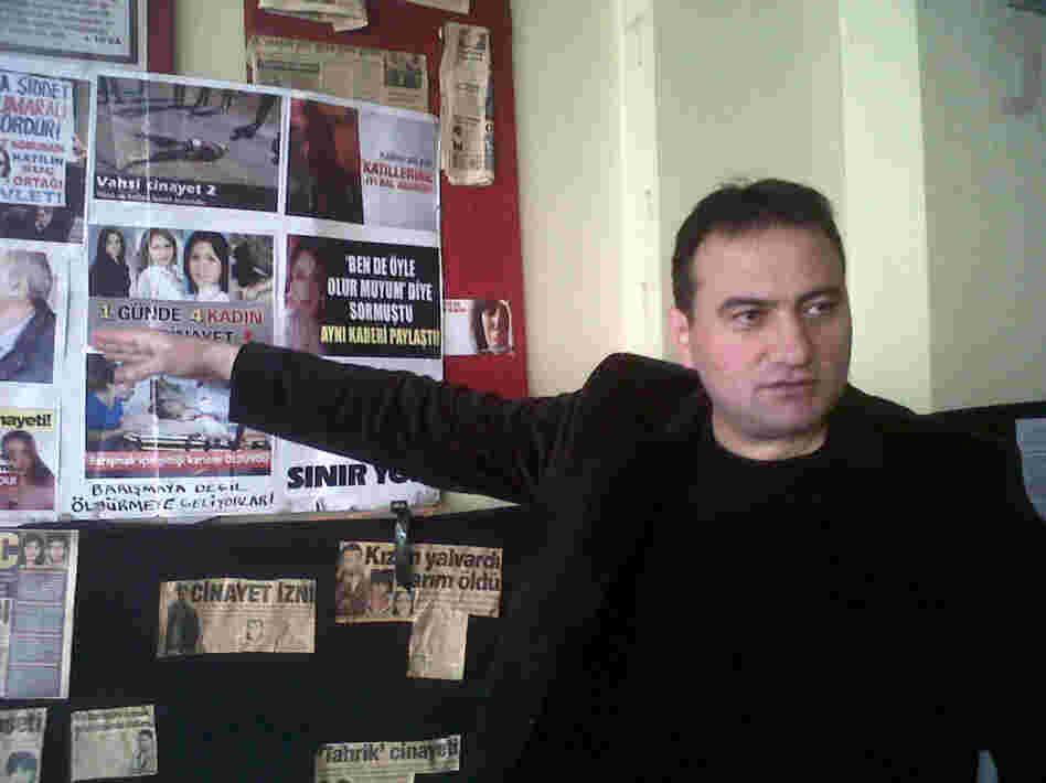 Hayrettin Bulan, a women's rights activist, points to cases of abused Turkish women. His proposal to arm and train women in self-defense has reignited a debate in Turkey about how best to combat violence against women.