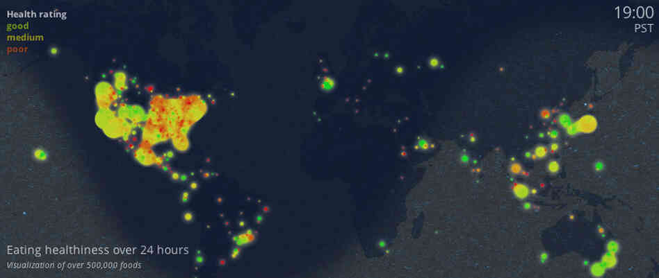 After dark, North Americans' food choices become much less healthy. Junk foods are spread across the continent at 10 p.m. Eastern.