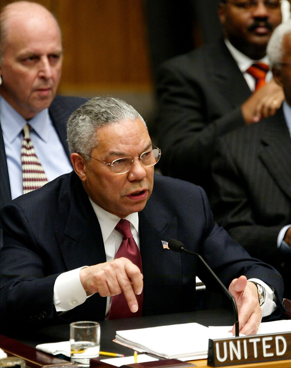 U.S. Secretary of State Colin Powell addresses the U.N. Security Council in New York on Feb. 5, 2003. He presented evidence of Iraq's weapons of mass destruction — that turned out not to exist.