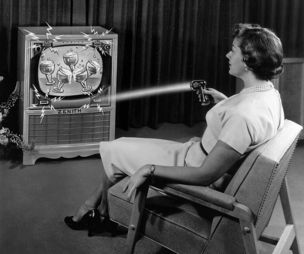 This 1955 photo illustration provided by LG Electronics, shows an ad for a Zenith "Flash-Matic," the first wireless TV remote control.