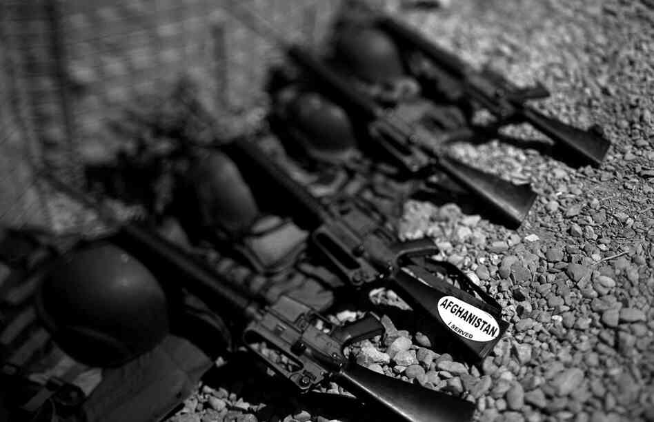 An Afghan army M-16 rifle has a sticker on it that reads, "Afghanistan, I served."
