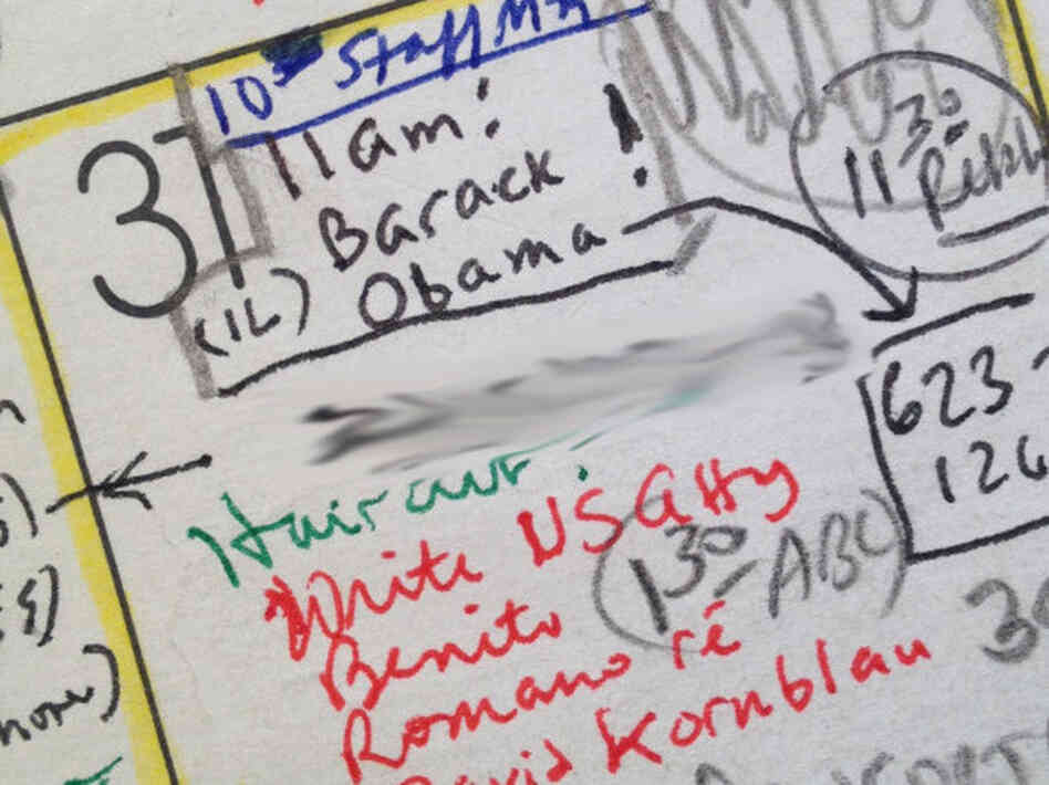 Harvard Professor Laurence Tribe's calendar for March 31, 1989, marks his first meeting with future President Barack Obama.