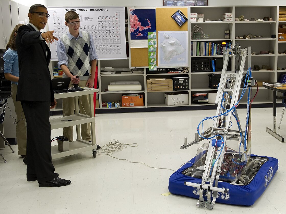 Students show President Obama inventions they entered in a robotics competition at Thomas Jefferson High School for Science and Technology in Alexandria, Va., last September.