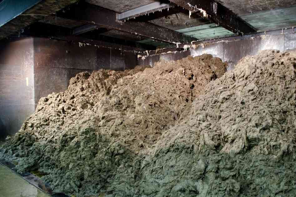Several tons of linen fibers drain and cool down after having been cooked in the rotary digester, a giant steel ball.
