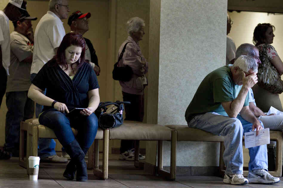 Amber waits for her monthly blood test at a lab in Modesto. For several months she couldn't afford the tests, but then her company changed insurance again and she was able to resume them.