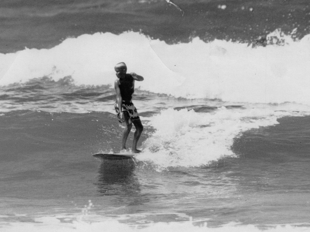 Bobby Waters, Don Waters' father, surfing at Manhattan Beach in 1955.