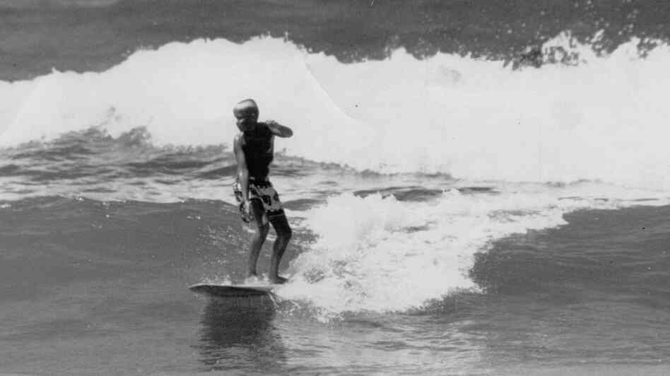 Bobby Waters, Don Waters' father, surfing at Manhattan Beach in 1955.